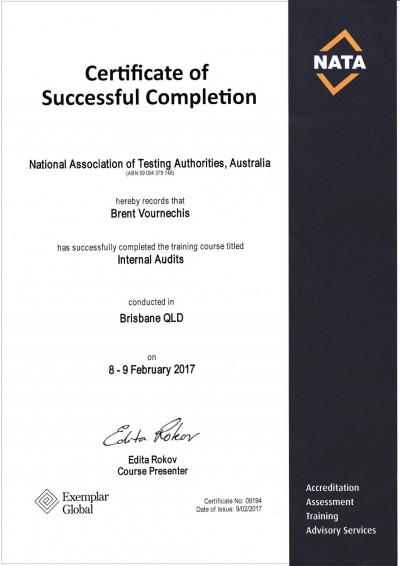 NATA Internal Audits Accreditation Certificate